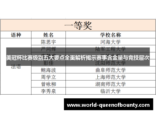 美冠杯比赛级别五大要点全面解析揭示赛事含金量与竞技层次